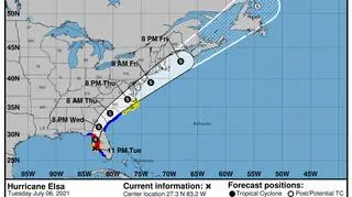 Prognozowana trasa burzy tropikalnej Elsa (NHC/NOAA)