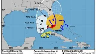 Prognozowana trasa burzy tropikalnej Eta (NHC/NOAA)