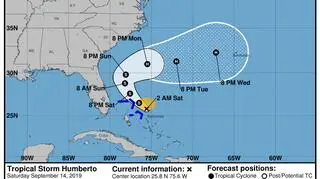 Prognozowana trasa burzy tropikalnej Humberto (NHC, NOAA)