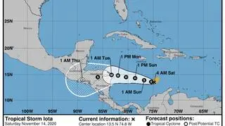 Prognozowana trasa burzy tropikalnej Jota (NHC NOAA)