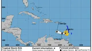 Prognozowana trasa burzy tropikalnej Kirk (NHC, NOAA)