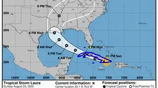 Prognozowana trasa burzy tropikalnej Laura (NHC NOAA)
