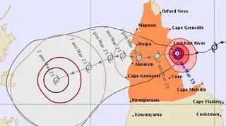 Prognozowana trasa cyklonu Trevor - 19 marca, godzina 12 (Bureau of Meteorology, Australia)