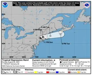 Prognozowana trasa depresji tropikalnej Henri (NHC/NOAA)