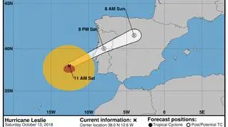 Prognozowana trasa huraganu Leslie - godzina 21 (NHC NOAA)