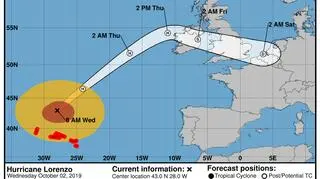 Prognozowana trasa huraganu Lorenzo (stan na środę, godzina 16) (NWS)