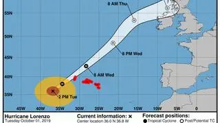 Prognozowana trasa huraganu Lorenzo (stan na wtorek, godzina 20) (NWS)