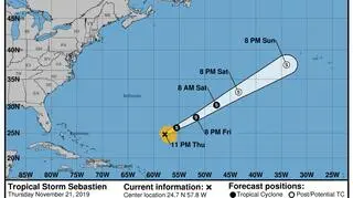 Prognozowana trasa przejścia bruzy tropikalnej Sebastien (NOAA)