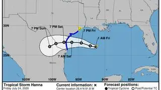 Prognozowana trasa przejścia burzy tropikalnej Hanna (NOAA)