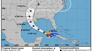 Prognozowana trasa przejścia burzy tropikalnej Laura (NOAA)