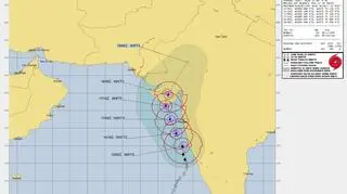 Prognozowana trasa przejścia cyklonu Tauktae (Joint Typhoon Warning Center)
