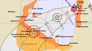 Prognozowana trasa przejścia cyklonu Trevor - stan na 21 marca na godzinę 10.00 (Bureau of Meteorology)