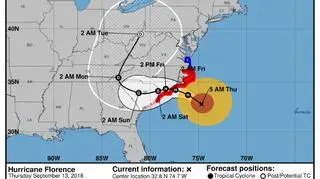 Prognozowana trasa przejścia huraganu Florence - czwartek godzina 11.00 (NOAA)	