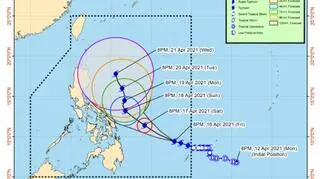 Prognozowana trasa przejścia tajfunu Surigae (PAGASA)