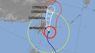 Prognozowana trasa tajfunu Mitag (jma.go.jp)