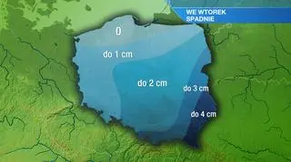 Prognozowana wtorkowa suma opadów śniegu w Polsce (TVN Meto)