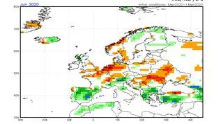 Prognozowane odchylenie miesięcznej sumy opadów w czerwcu 2020 od normy wieloletniej (CFS/NOAA)