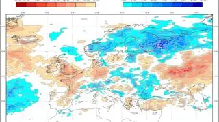 Prognozowane odchylenie miesięcznej sumy opadów w czerwcu 2020 od normy wieloletniej (ECMWF)