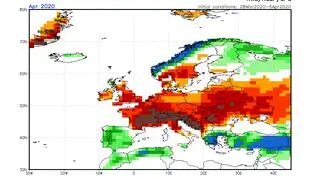 Prognozowane odchylenie miesięcznej sumy opadów w kwietniu 2020 od normy wieloletniej (CFS/NOAA)