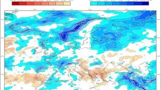 Prognozowane odchylenie miesięcznej sumy opadów w kwietniu 2020 od normy wieloletniej (ECMWF)
