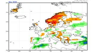 Prognozowane odchylenie miesięcznej sumy opadów w maju 2020 od normy wieloletniej (CFS/NOAA)