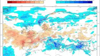 Prognozowane odchylenie miesięcznej sumy opadów w maju 2020 od normy wieloletniej (ECMWF)