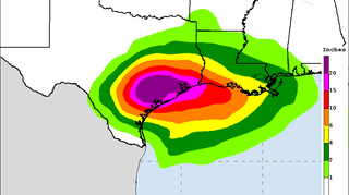 Prognozowane opady podczas burzy Harvey (NHC/NOAA)