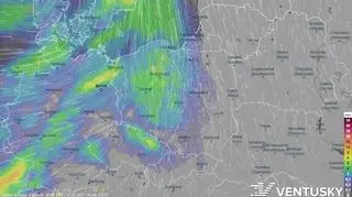 Prognozowane opady w czwartek około godz. 16 (ventusky.com)