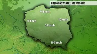 Prognozowane porywy wiatru na wtorek