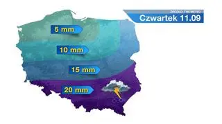 Prognozowane sumy opadów deszczu na czwartek