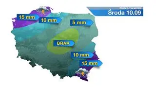 Prognozowane sumy opadów deszczu na środę
