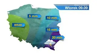 Prognozowane sumy opadów deszczu na wtorek