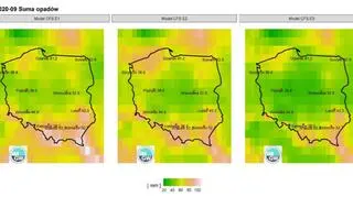 Prognozowane sumy opadów we wrześniu 2020 roku dla wybranych miast według modelu IMGW-Reg na tle prognoz CFS. 