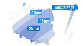Prognozowane sumy opadu w nocy z poniedziałku na wtorek