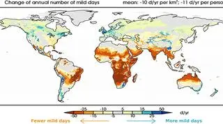 Prognozowane zmiany liczby dni z łagodną pogodą na świecie (NOAA)