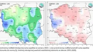 Przestrzenny rozkład miesięcznej sumy opadów w czerwcu 2021 r. oraz przestrzenny rozkład anomalii sumy opadów w stosunku do normy (tj. średniej miesięcznej wartości wieloletniej elementu w okresie 1991-2020) (IMGW-PIB)
