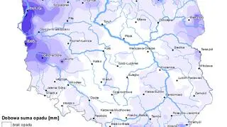 Rozkład dobowej sumy opadów od godz. 6 w środę do godz. 6 w czwartek (IMGW)