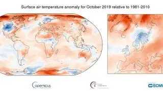 Rozkład temperatury w październiku 2019 w porównaniu do wielolecia 1981- 2010 (climate.copernicus.eu)