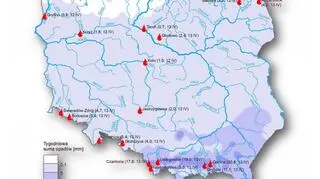 Rozkład tygodniowej sumy opadów oraz wybrane maksymalne dobowe sumy opadów (w okresie 7 kwiecień – 14 kwiecień 2020 r.) (IMGW-PIB)