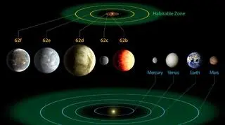Schemat układu planetarnego Kepler-62 w porównaniu do naszego. Na zielono zaznaczono tzw. "strefę zamieszkiwalną" (wizualizacja NASA)