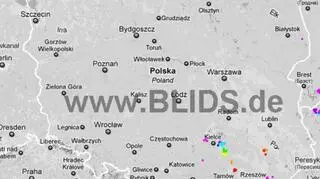Ścieżka przechodzenia burz nad Polską w godzinach 14-16 (blids