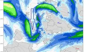 Silny meander jet streamu, oznaczony strzałką, model GFS/University of Maine