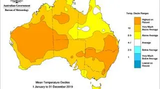 Średnia temperatura w Australii w 2019 roku (Bureau of Meteorology)	