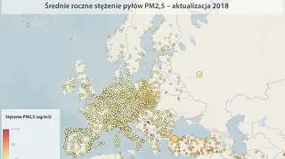 Średnie roczne stężenie pyłów PM2,5 wg WHO