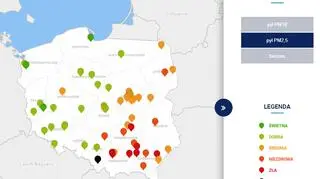 Stężenie pyłów PM2,5 o godzinie 19 (tvnmeteo.pl za GIOŚ)