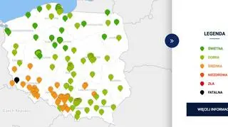 Stężenie pyłu PM10 o godz. 7.00 (TVN Meteo za GIOŚ)