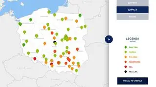 Stężenie pyłu PM10 o godzinie 11 (tvnmeteo.pl za GIOŚ)