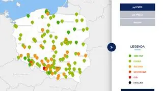 Stężenie pyłu PM10 o godzinie 15 (tvnmeteo.pl za GIOŚ)