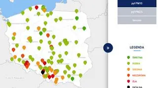 Stężenie pyłu PM10 o godzinie 18.40 (GIOŚ)