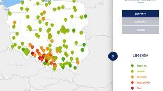 Stężenie pyłu PM10 o godzinie 18 (tvnmeteo.pl za GIOŚ)
